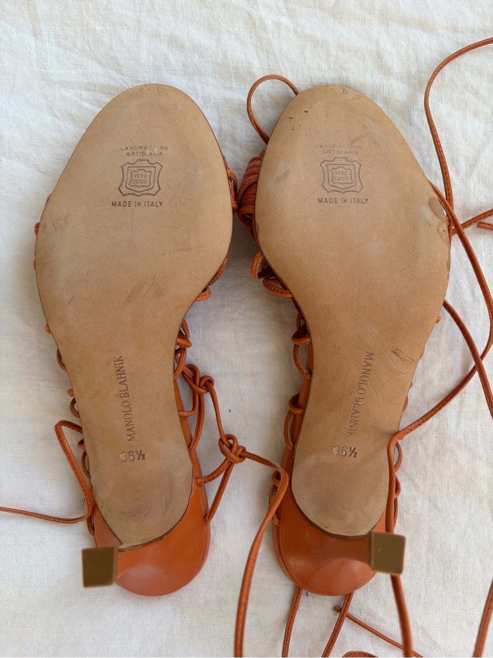 Vintage Manolo Blahnik Strappy Knotted String Wrap Tie Open Toe Heels Orange Tan - Picture 5 of 8